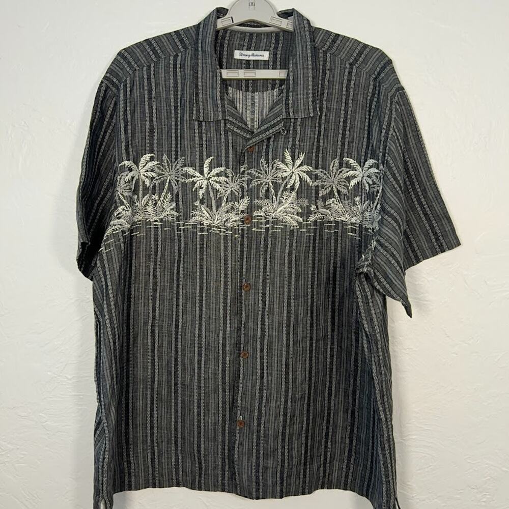 Tommy Bahama Palmetto Grove Linen Camp Shirt 3XL Gray Palm Embroidered Resort